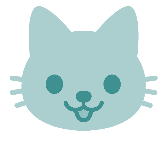 A lineless drawing of a simple light teal colored cat face.